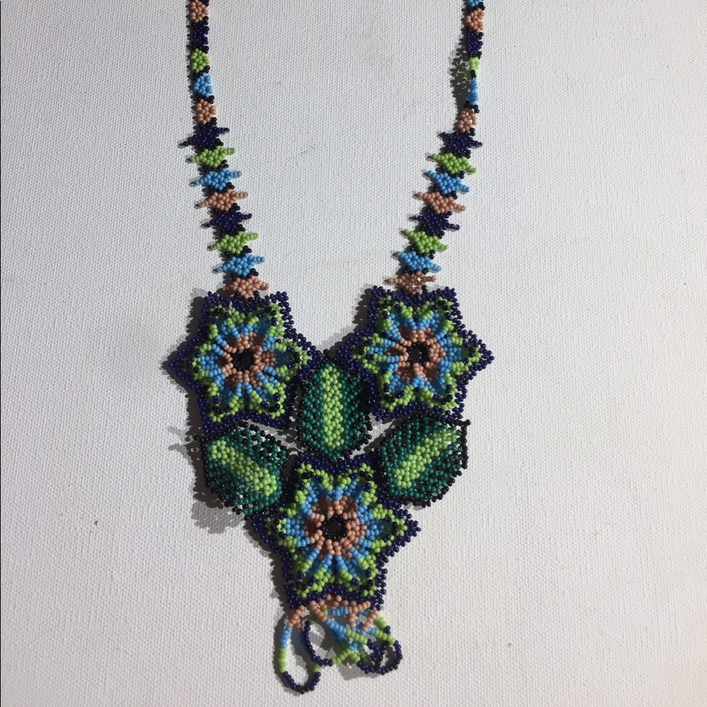 Huichol beaded art necklace flower 3D handmade